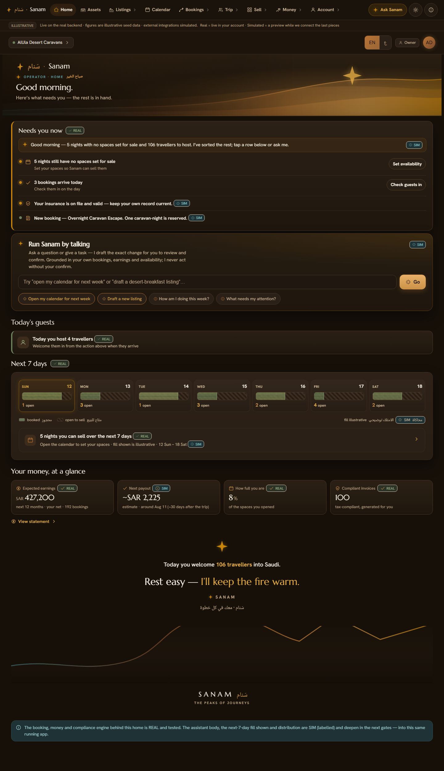 Sanam operator home: a warm Dusk dashboard greeting the operator with what needs them today, a grounded 'run Sanam by talking' partner, the next-7-days calendar, and the day's money at a glance.