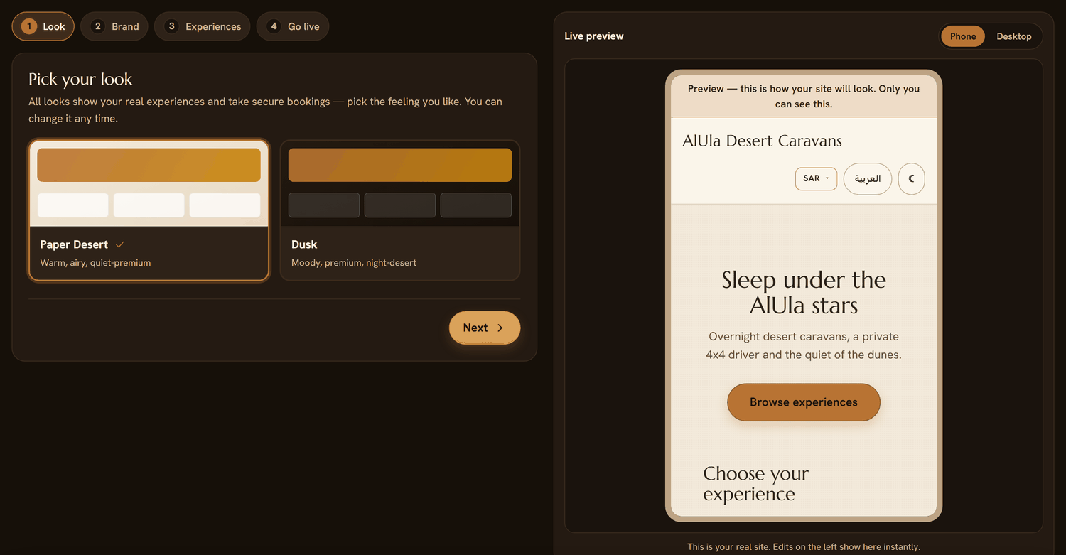 The Sanam site builder: four numbered steps reading Look, Brand, Experiences and Go live, a choice between a warm Paper Desert palette and a darker Dusk palette, and a live phone preview of the operator's real site beside it.