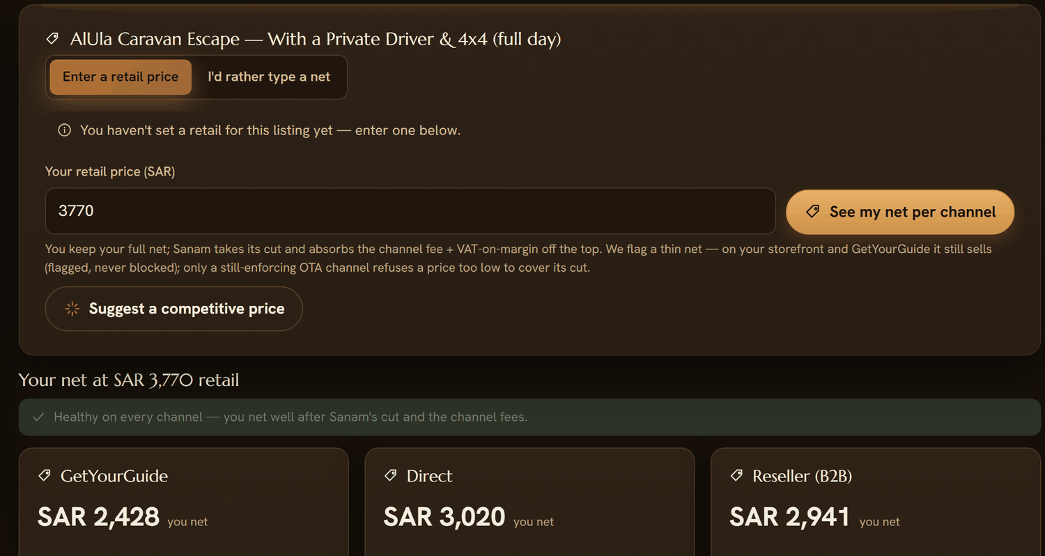 The Sanam pricing screen: a retail price of three thousand seven hundred and seventy riyals typed into one box, and three cards below it showing what the operator nets through GetYourGuide, direct and reseller B2B.