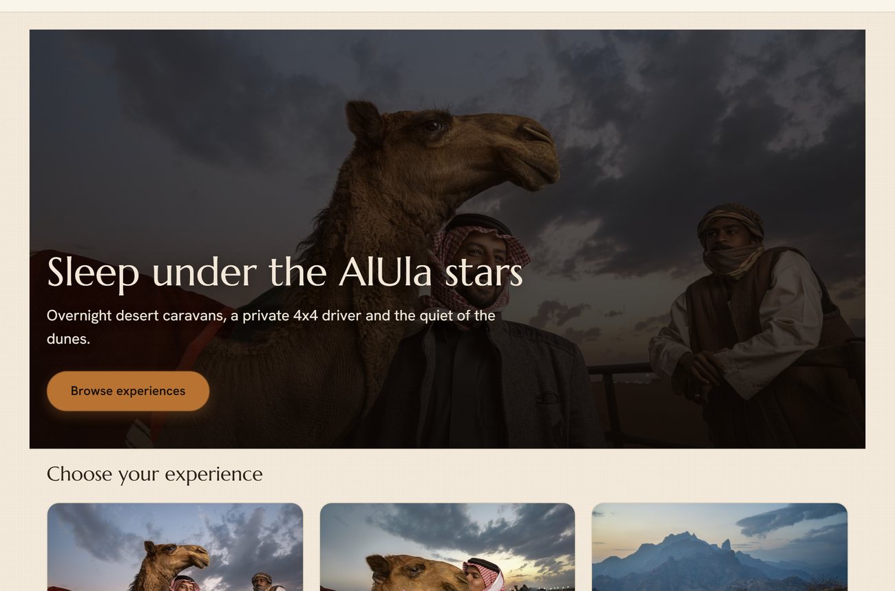 An operator storefront built on Sanam: a full-width photograph of a camel and its handlers at dusk, the line Sleep under the AlUla stars, a Browse experiences button, and the first row of bookable experiences below it.